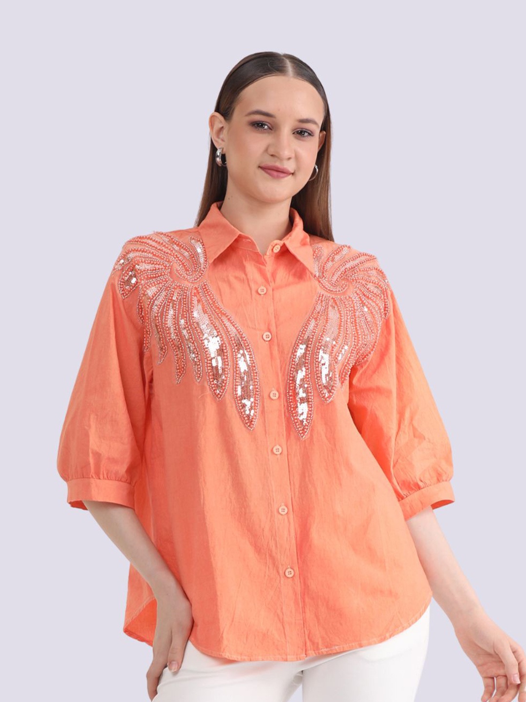 

Albion By CnM Women Embellished Shirt Collar Top, Orange