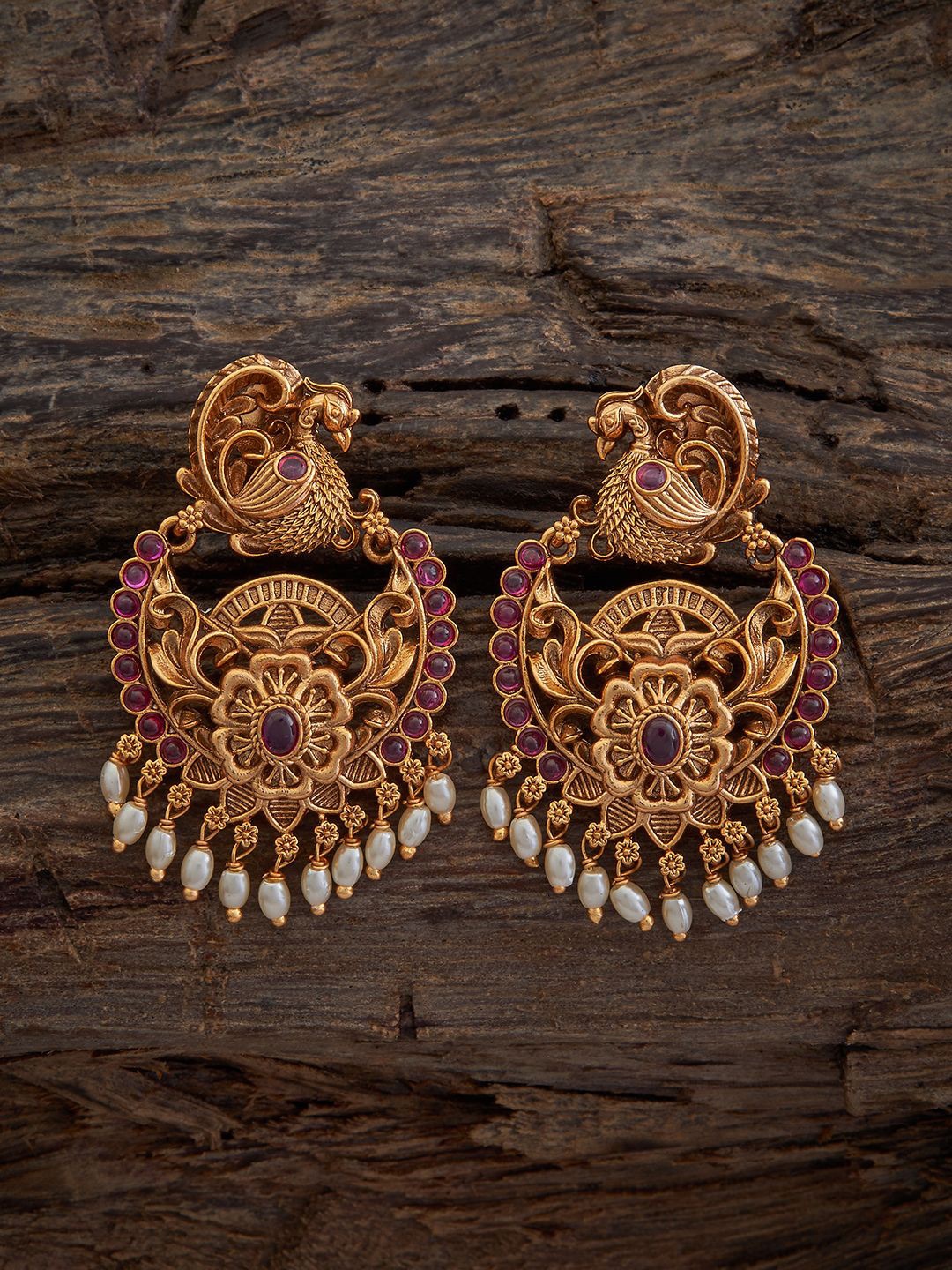 

Kushal's Fashion Jewellery Gold-Plated Beaded Peacock Shaped Drop Earrings