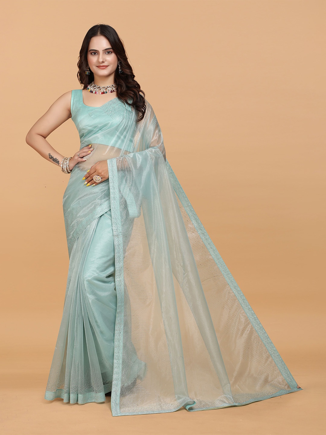 

Zeekha Embellished Beads and Stones Net Heavy Work Saree, Blue