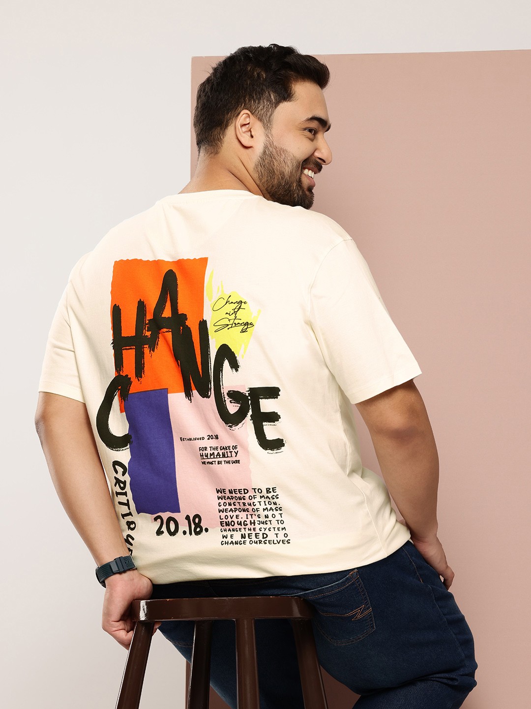 

Sztori Plus Size Typography Printed Pure Cotton T-shirt, Cream