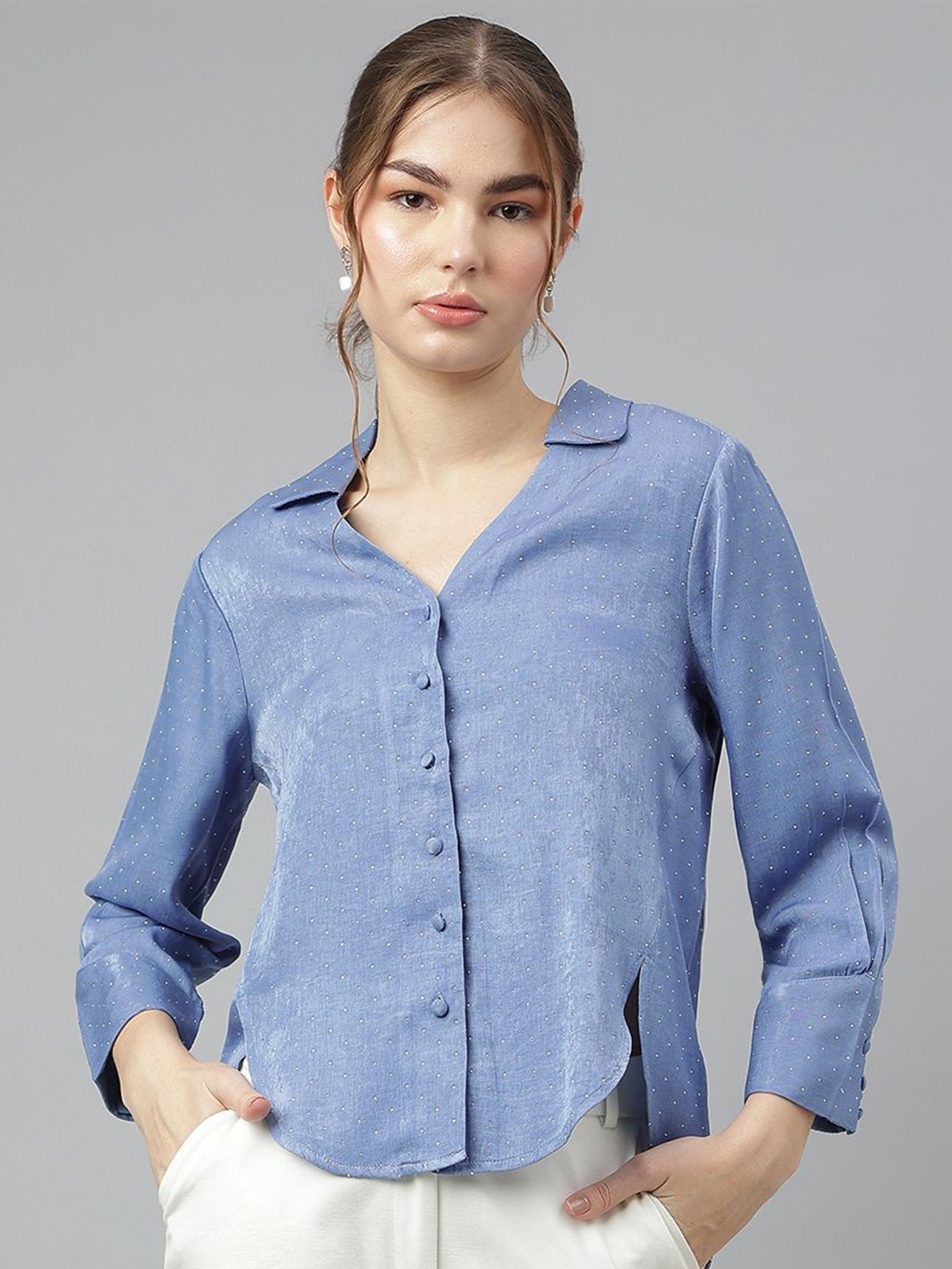 

Latin Quarters Women Spread Collar Micro Ditsy Printed Casual Shirt, Blue