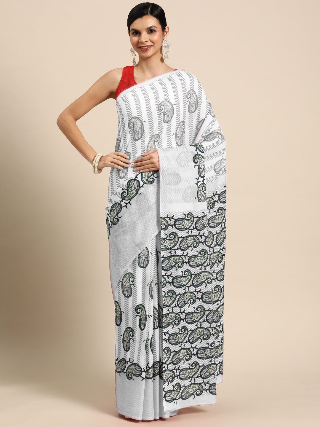 

BUTA BUTI Paisley Pure Cotton Saree, White