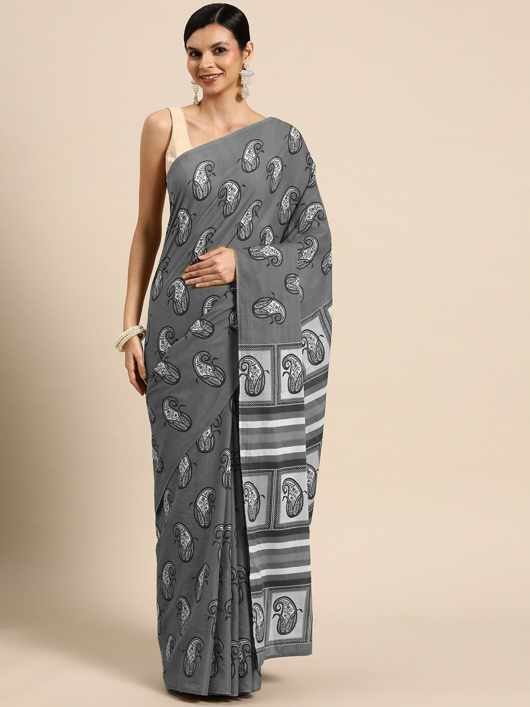 

BUTA BUTI Paisley Pure Cotton Saree, Grey