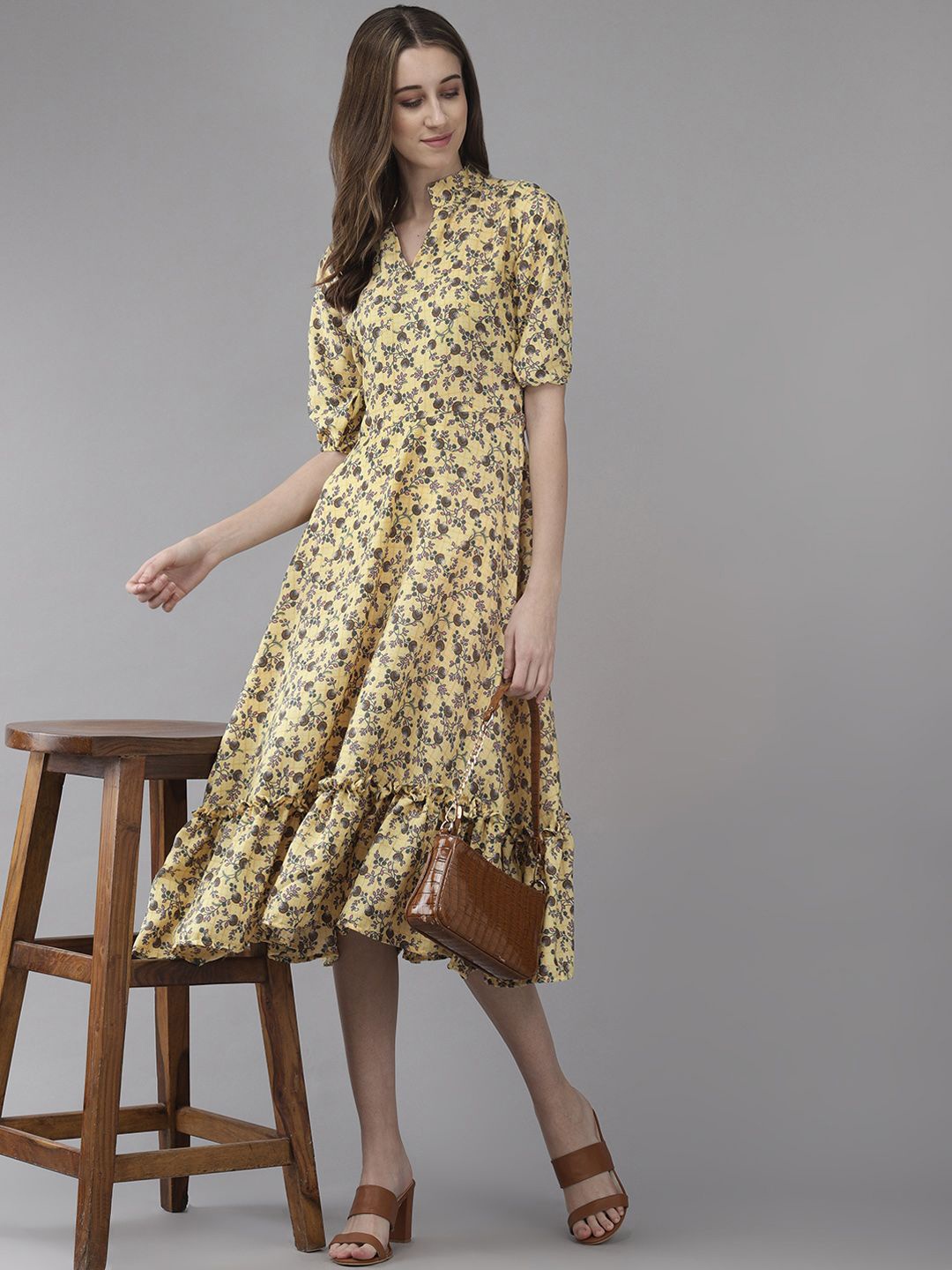 

BAESD Women Floral Printed Puff Sleeve A-Line Midi Dress, Yellow