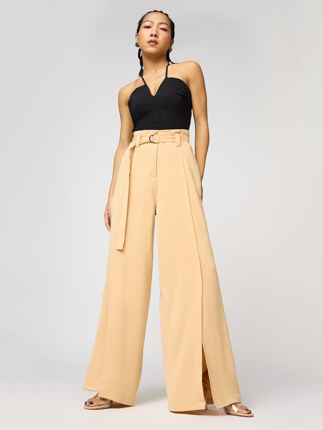 

FREAKINS Women Belted Flared Korean Pant, Beige