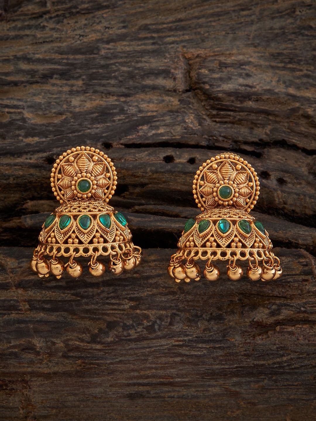 

Kushal's Fashion Jewellery Gold-Plated Stones Studded Dome Shaped Antique Jhumkas