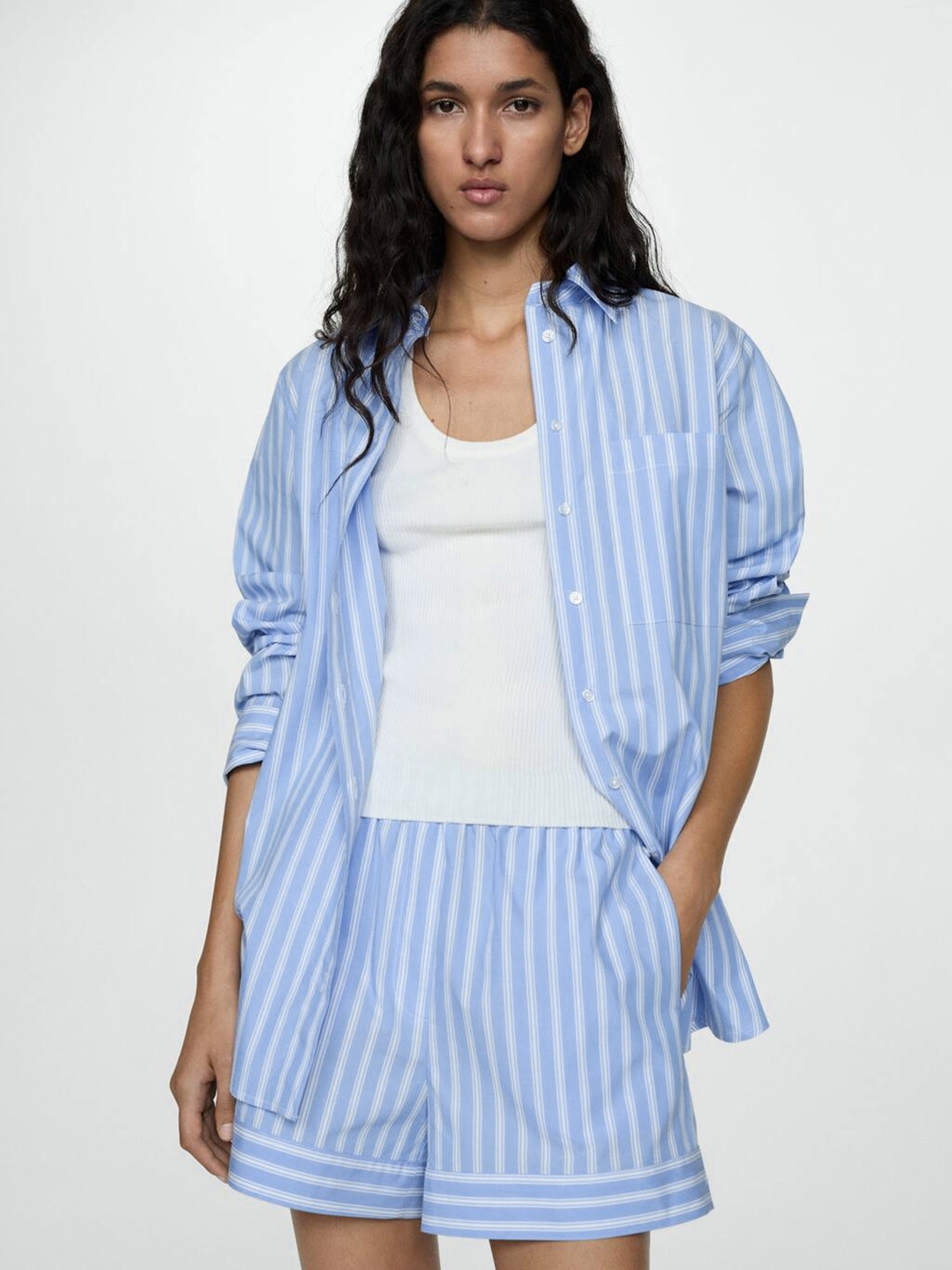 

MANGO Women Pure Cotton Striped Casual Shirt, Blue