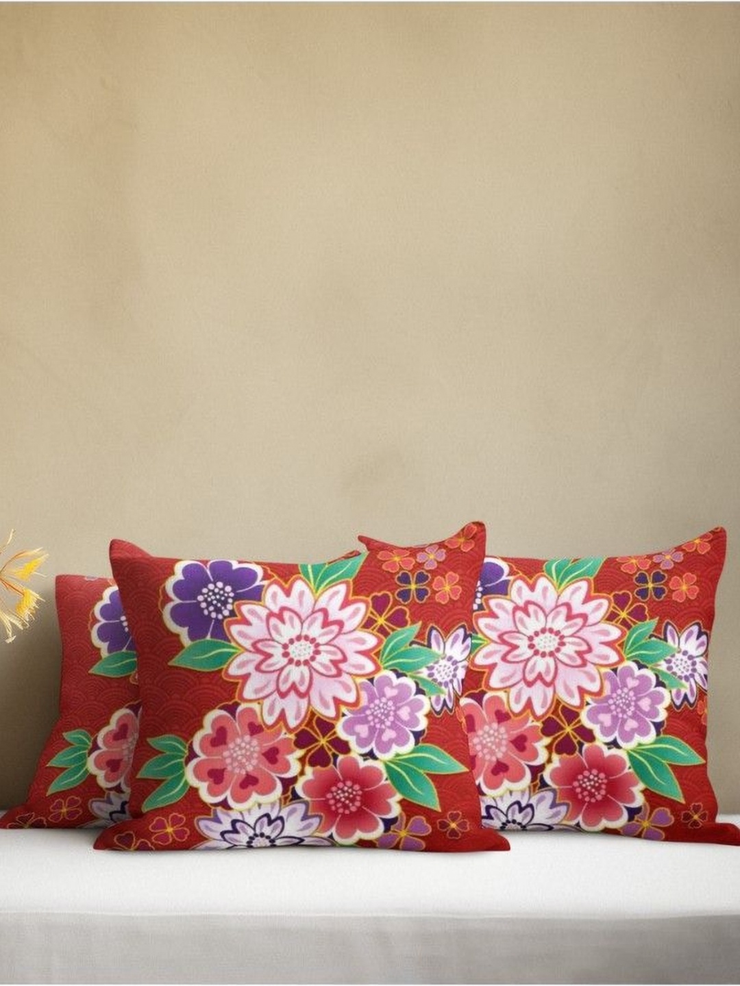 

THEYAYACAFE Red & Purple 3 Pieces Floral Velvet Square Cushion Covers