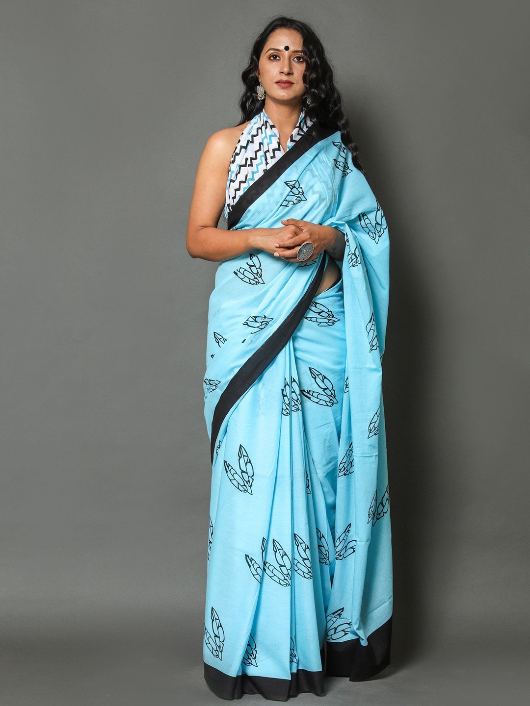 

Pinkcity Trade World Pure Cotton Block Print Saree, Blue