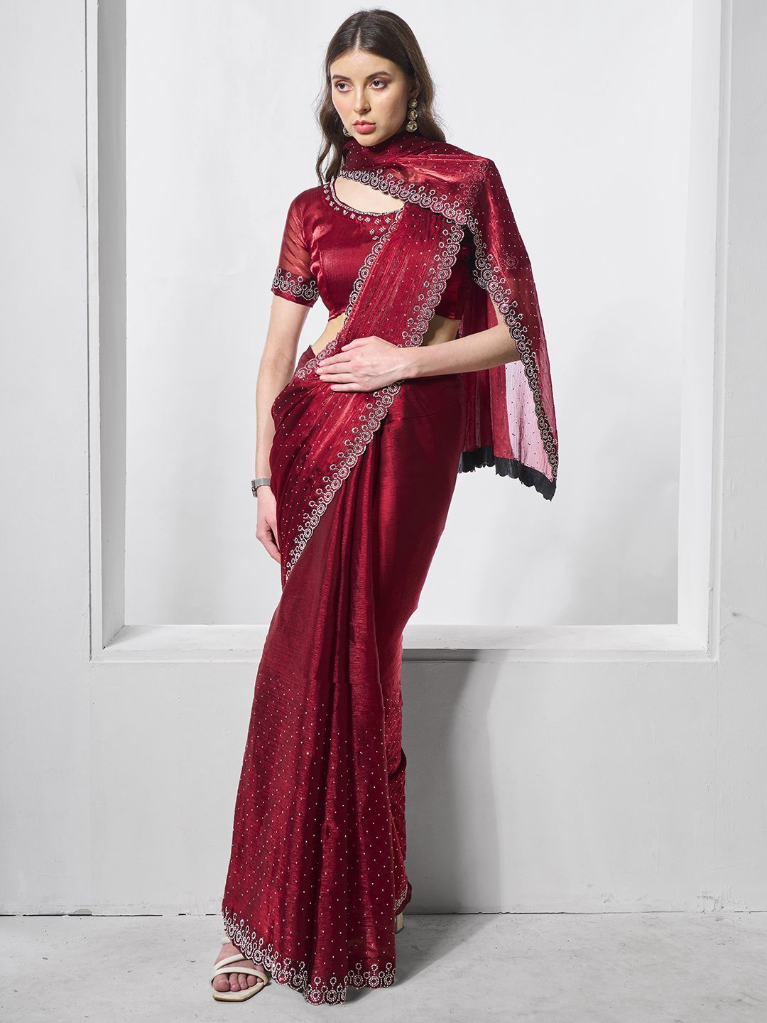 

Kalista Embellished Beads and Stones Organza Saree, Maroon