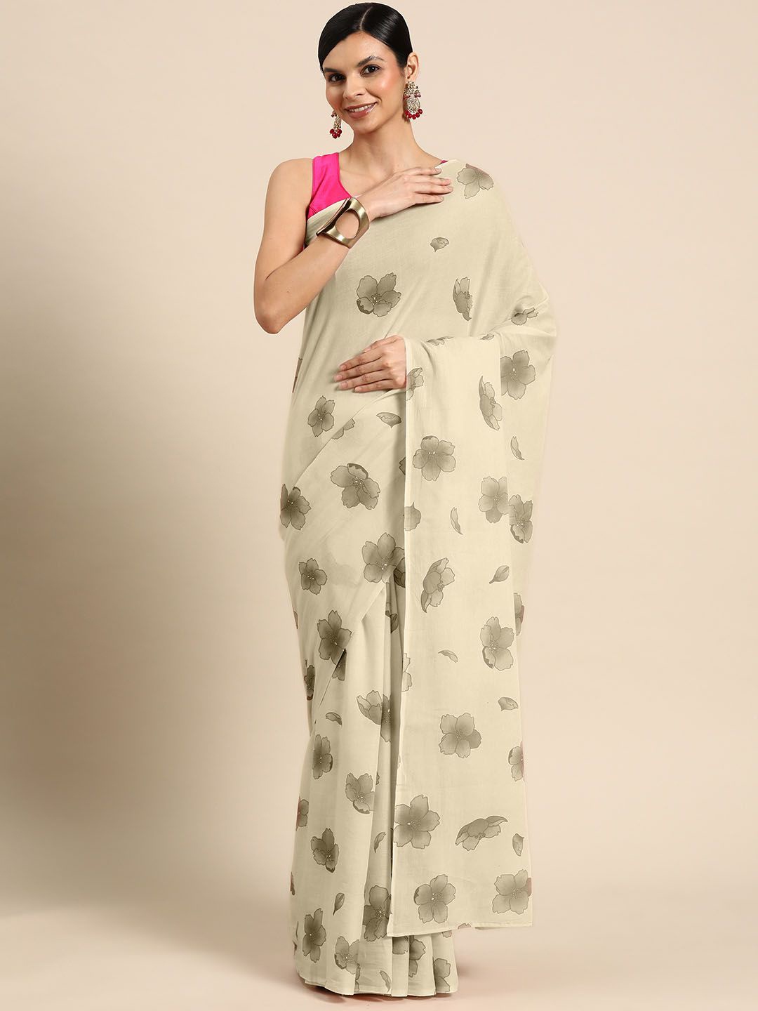 

BUTA BUTI Floral Pure Cotton Saree, Coffee brown