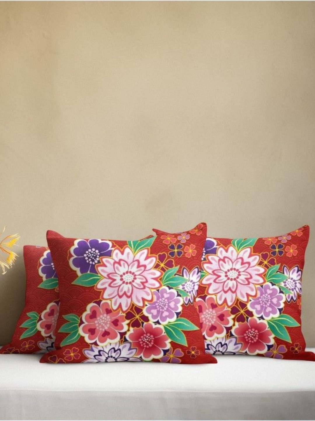 

THEYAYACAFE Red & White 3 Pieces Floral Velvet Square Cushion Covers