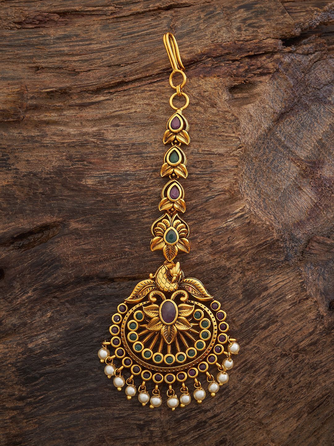 

Kushal's Fashion Jewellery Ruby-Green Gold-Plated Artificial Beads Studded Maang Tikka
