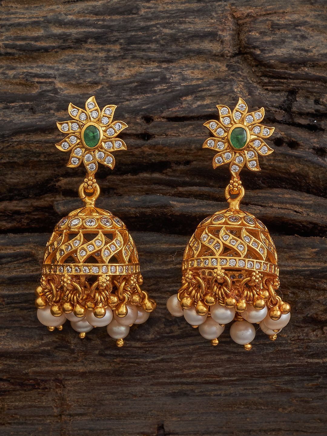 

Kushal's Fashion Jewellery 92.5 Pure Silver Gold-Plated Dome Shaped Jhumkas Earrings, Green