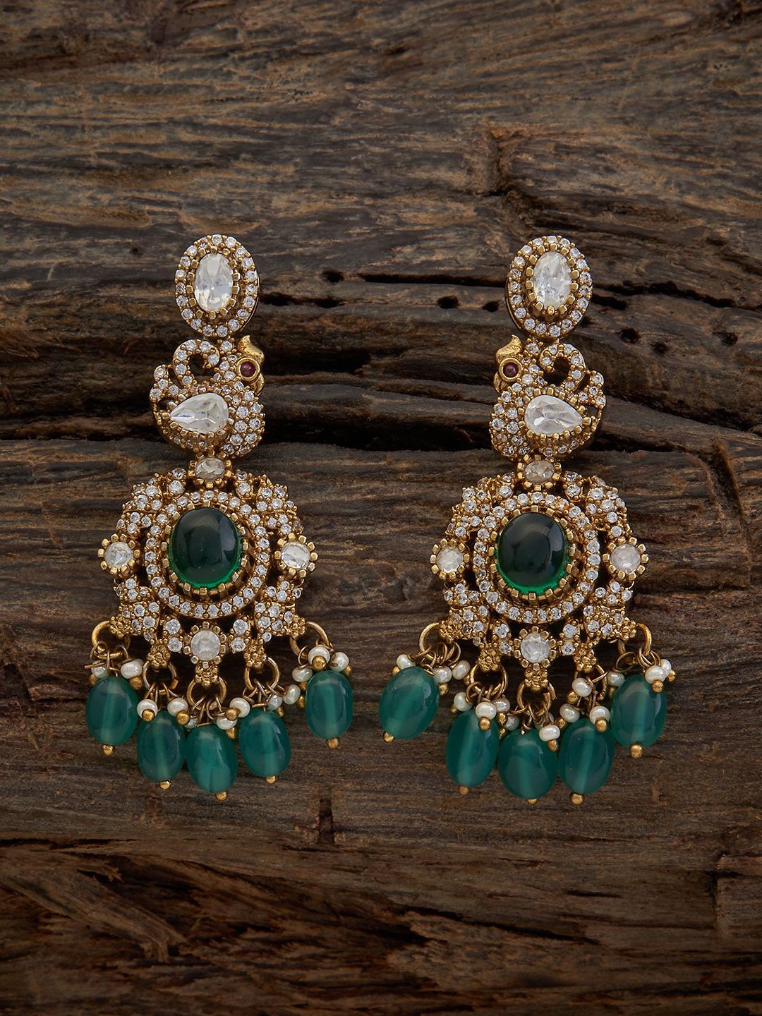 

Kushal's Fashion Jewellery Gold-Plated Oval Shaped Kundan Drop Earrings, Green