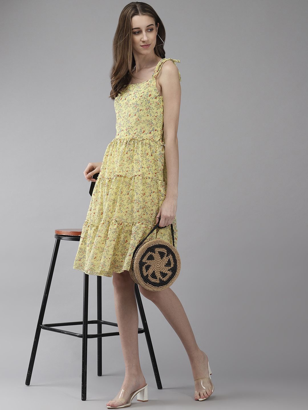 

BAESD Women Floral Printed Fit & Flare Knee Length Dress, Yellow