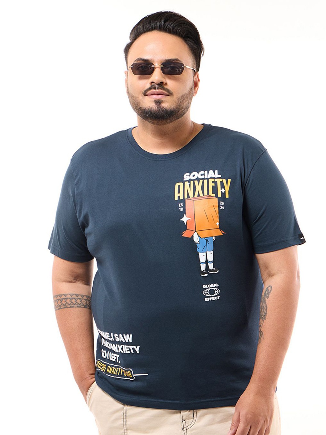 

Bewakoof Men's Blue Social Anxiety Graphic Printed Plus Size T-shirt