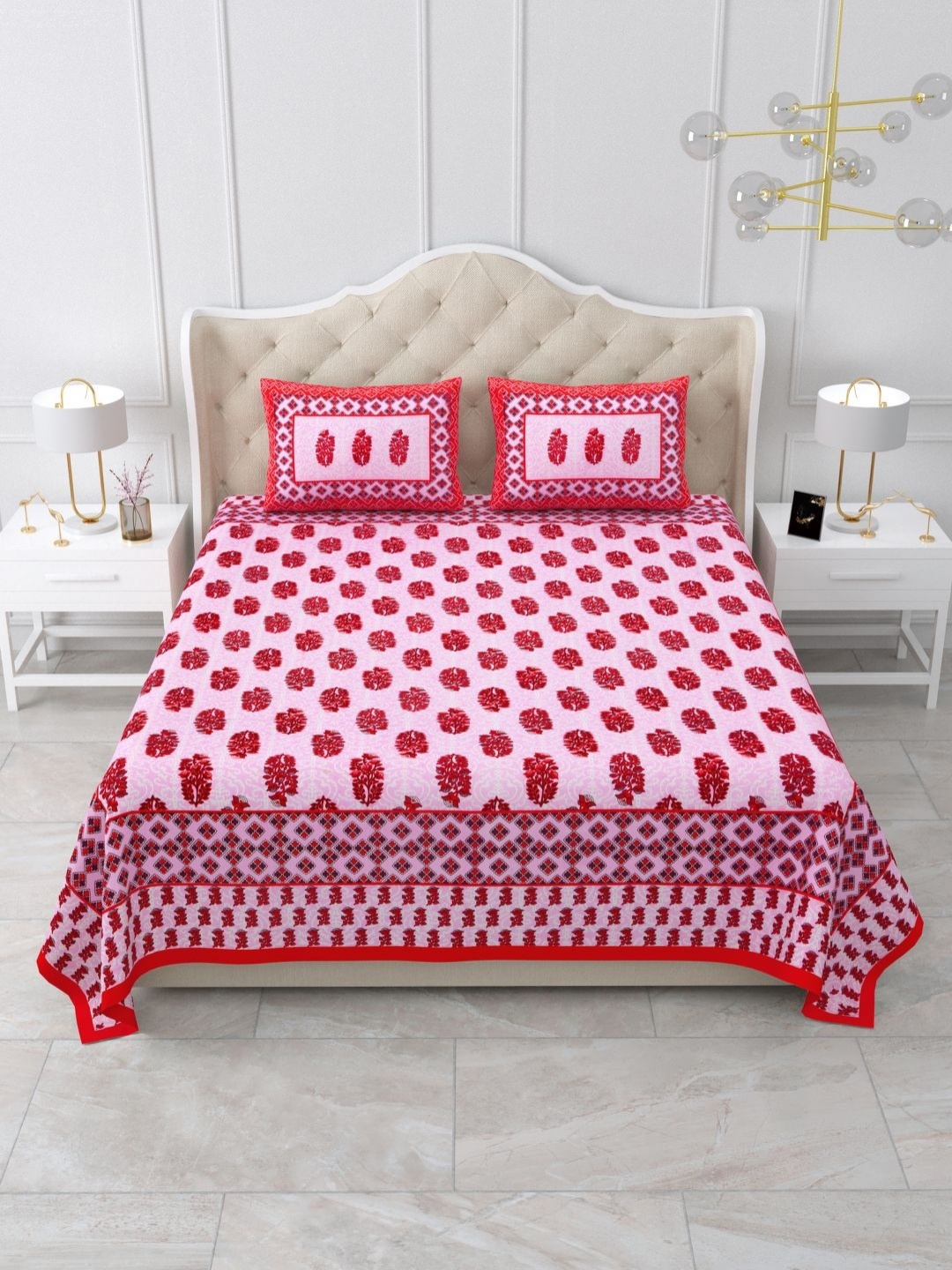 

Qfab Red & Pink Ethnic Motifs Printed 144 TC Cotton Queen Bedsheet With 2 Pillow Covers