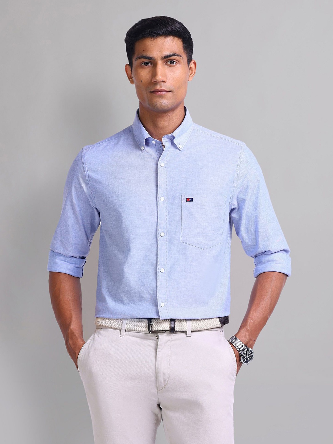 

AD By Arvind Men Button-Down Collar Solid Cotton Slim Fit Casual Shirt, Blue