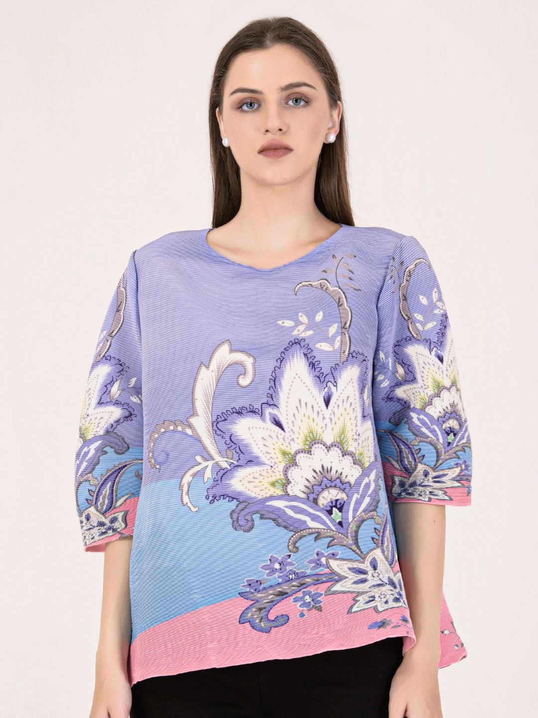 

Albion By CnM Women Graphic Printed Round Neck Cotton Top, Purple