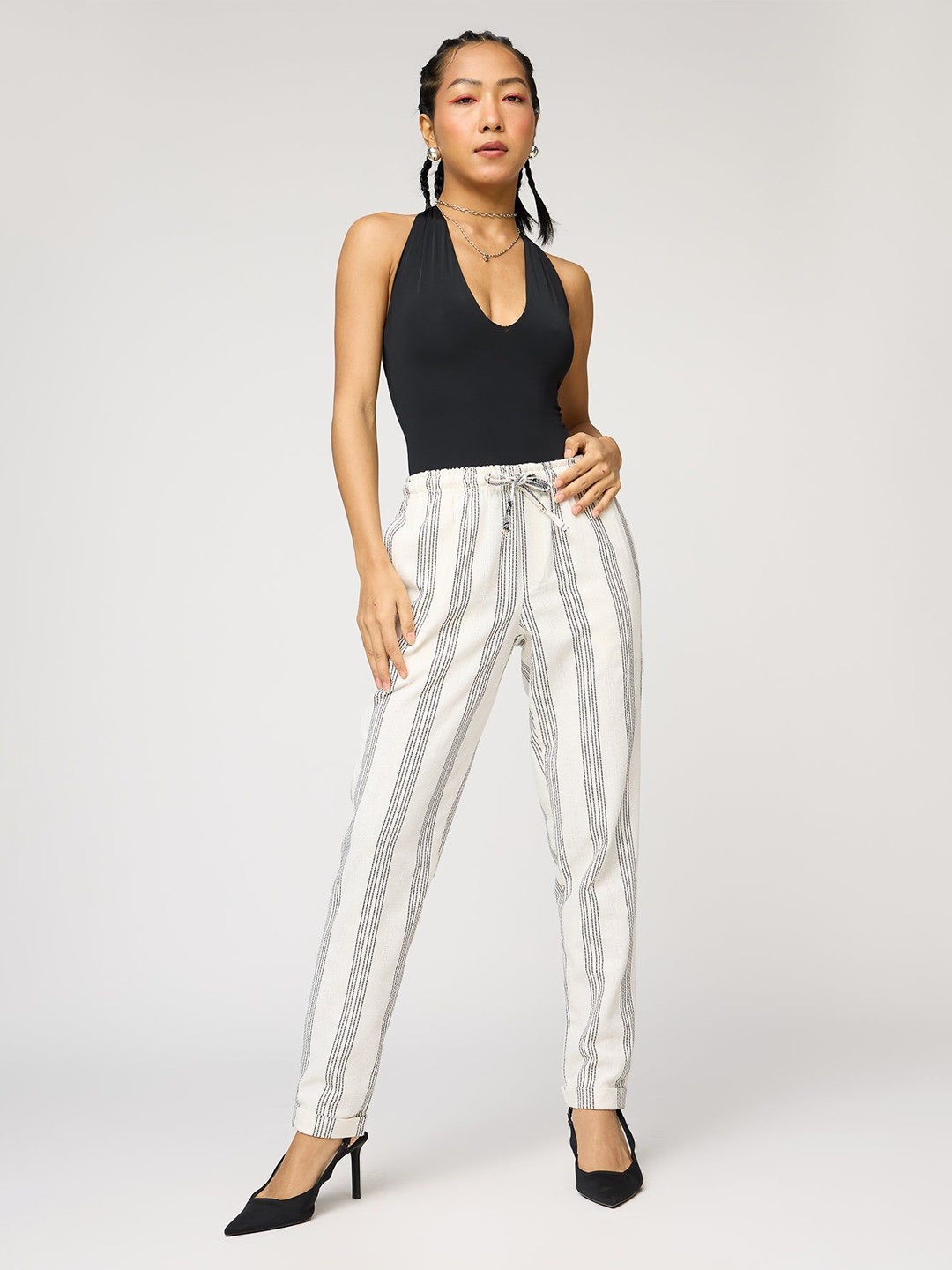 

FREAKINS Women Cotton Striped Tapered Fit High-Rise Trousers, White