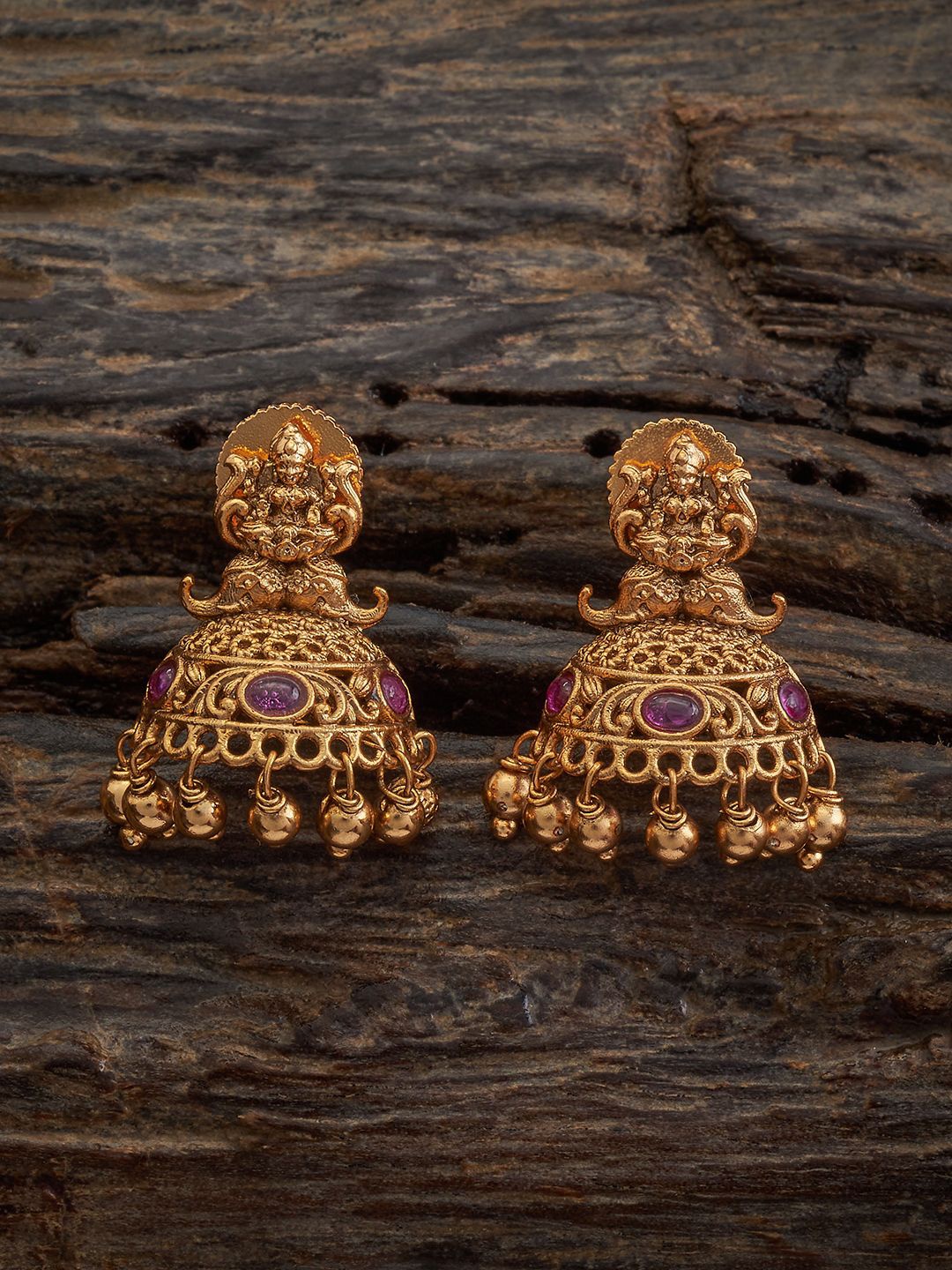 

Kushal's Fashion Jewellery Gold Plated Antique Dome Shaped Jhumkas, Red