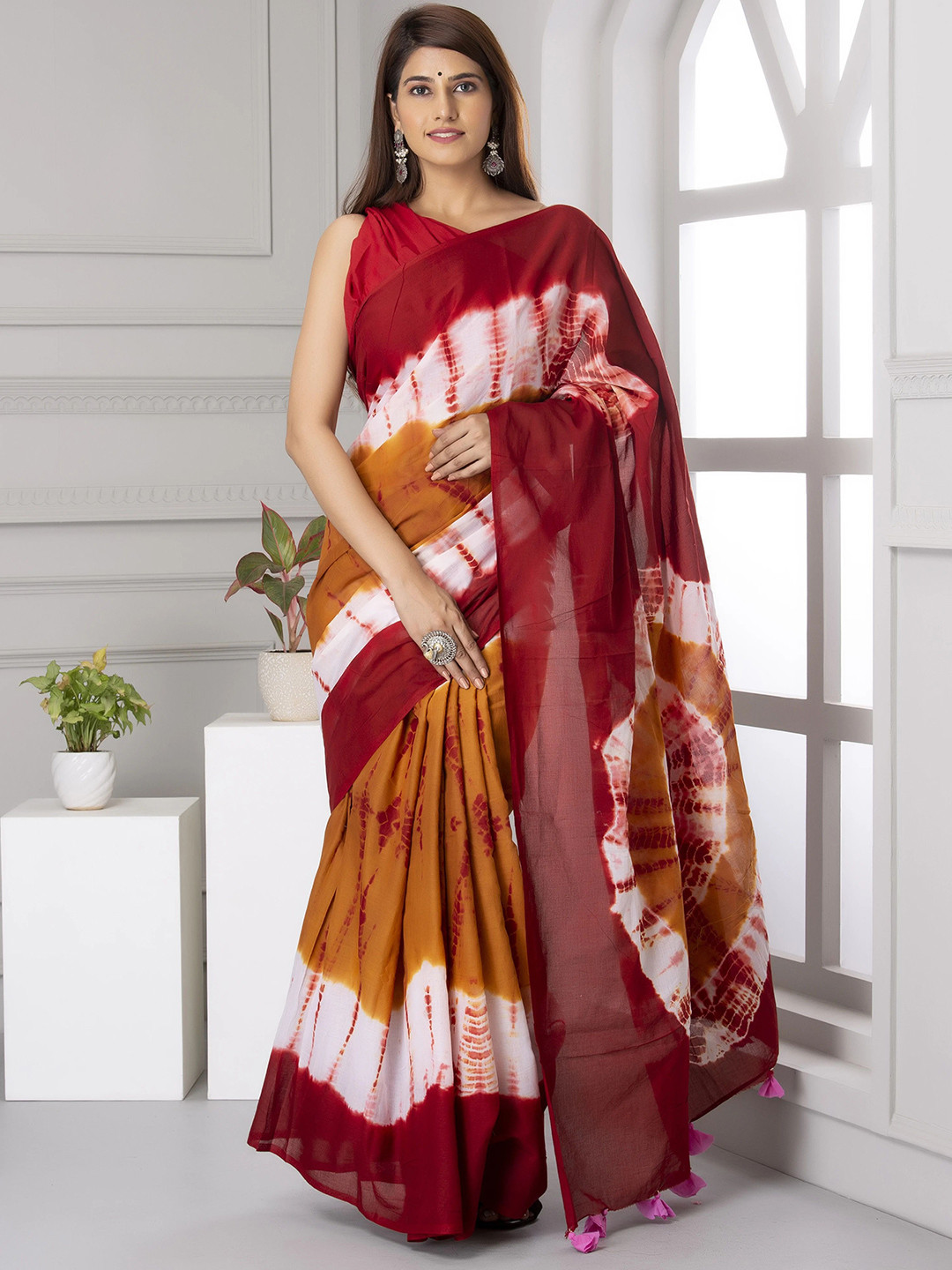 

Pinkcity Trade World Tie and Dye Pure Cotton Block Print Saree, Maroon