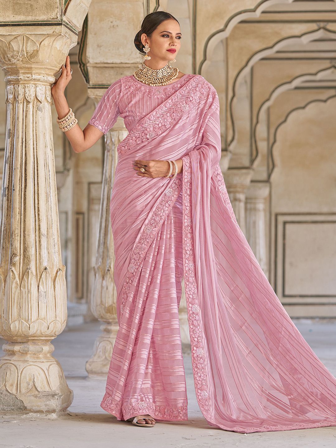 

Satrani Striped Sequinned Pure Chiffon Belted Saree, Pink