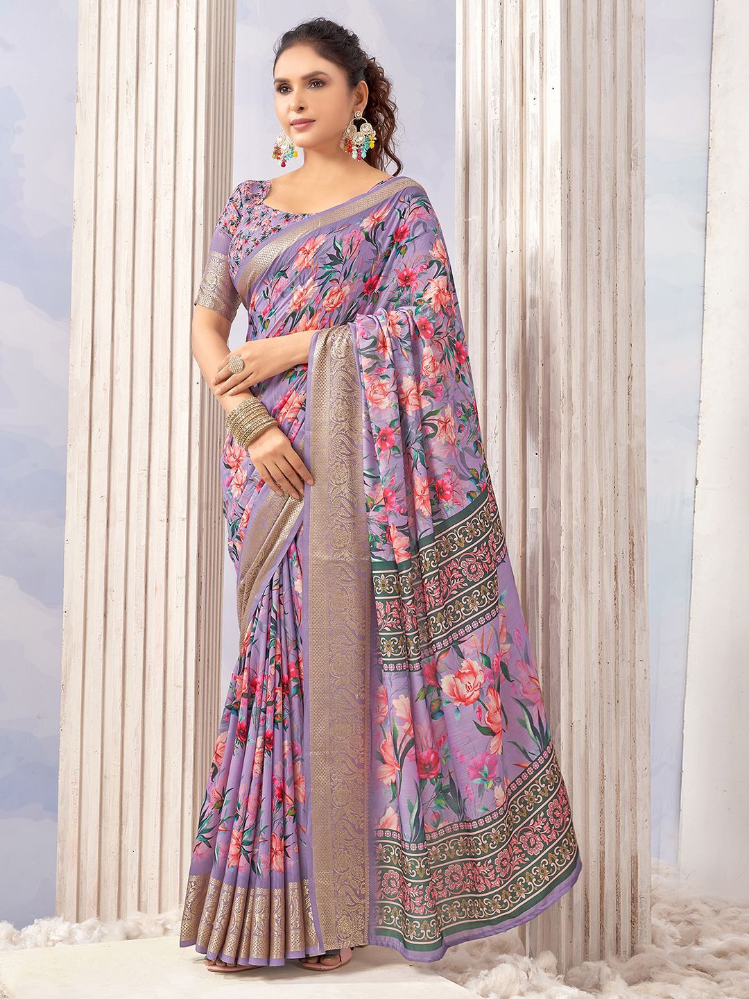 

Mitera Floral Zari Pure Cotton Banarasi Saree, Purple