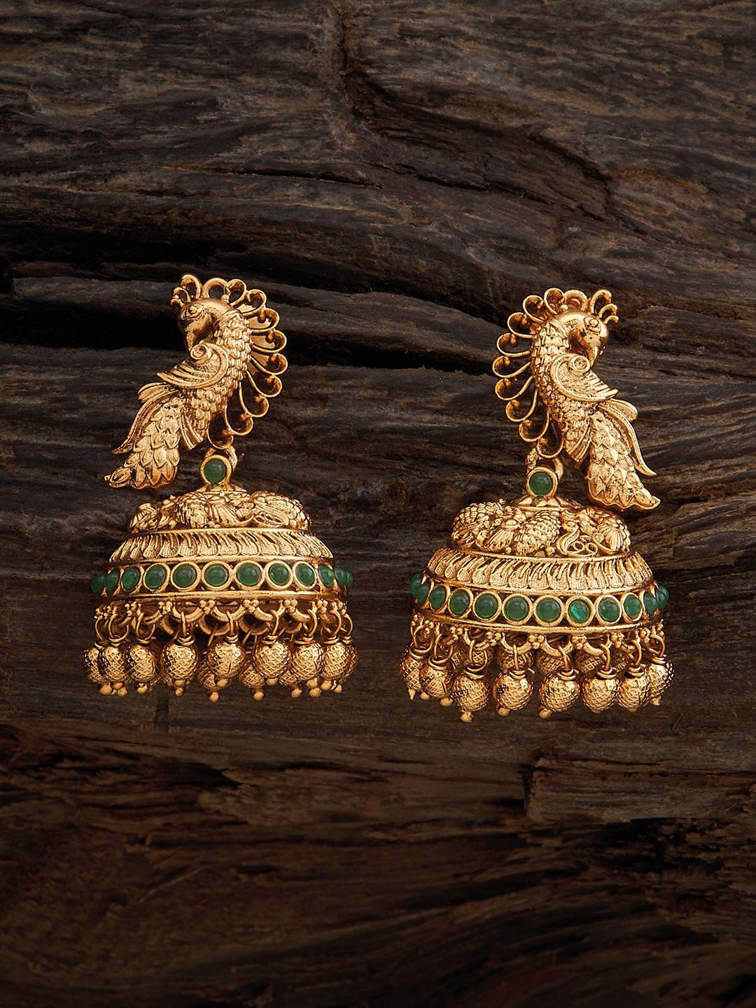 

Kushal's Fashion Jewellery Gold-Plated Stones Studded Antique Peacock Shaped Jhumkas, Green