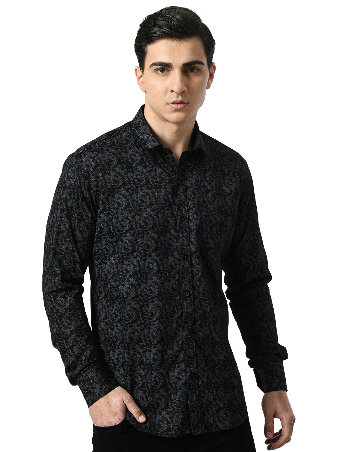 

PEBCO Men Classic Floral Printed Cotton Slim Fit Casual Shirt, Black