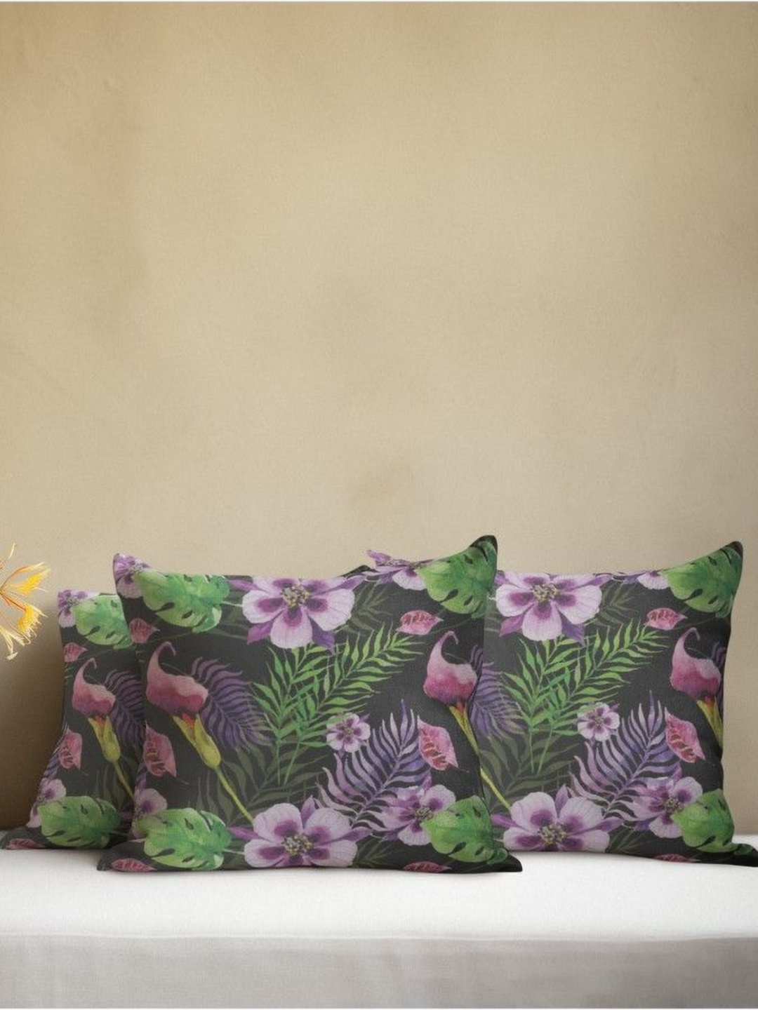 

THEYAYACAFE Black & Purple 3 Pieces Floral Velvet Square Cushion Covers