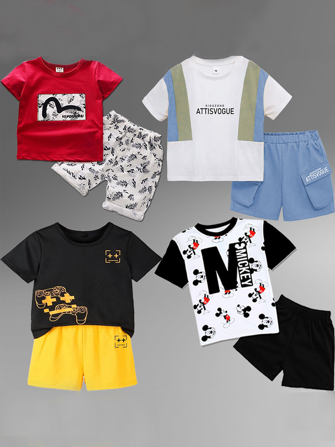 

BAESD Kids Pack Of 4 Colourblocked Pure Cotton T-shirt With Shorts, Black