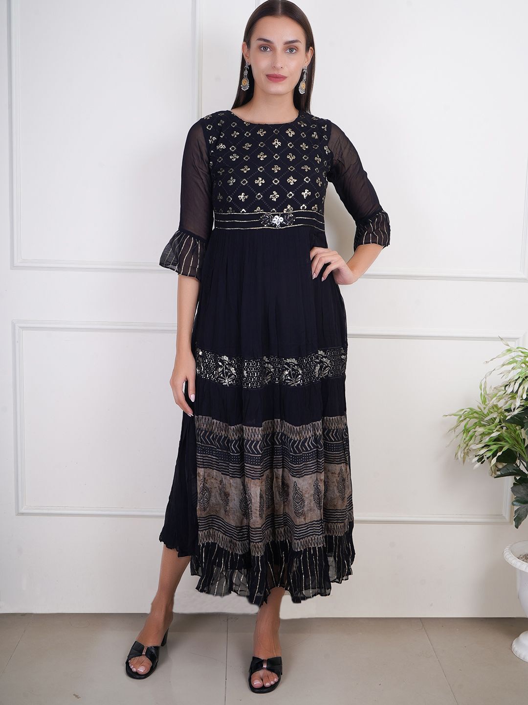 

Adwitiya Floral Georgette Embellished Fit & Flare Maxi Dress, Black