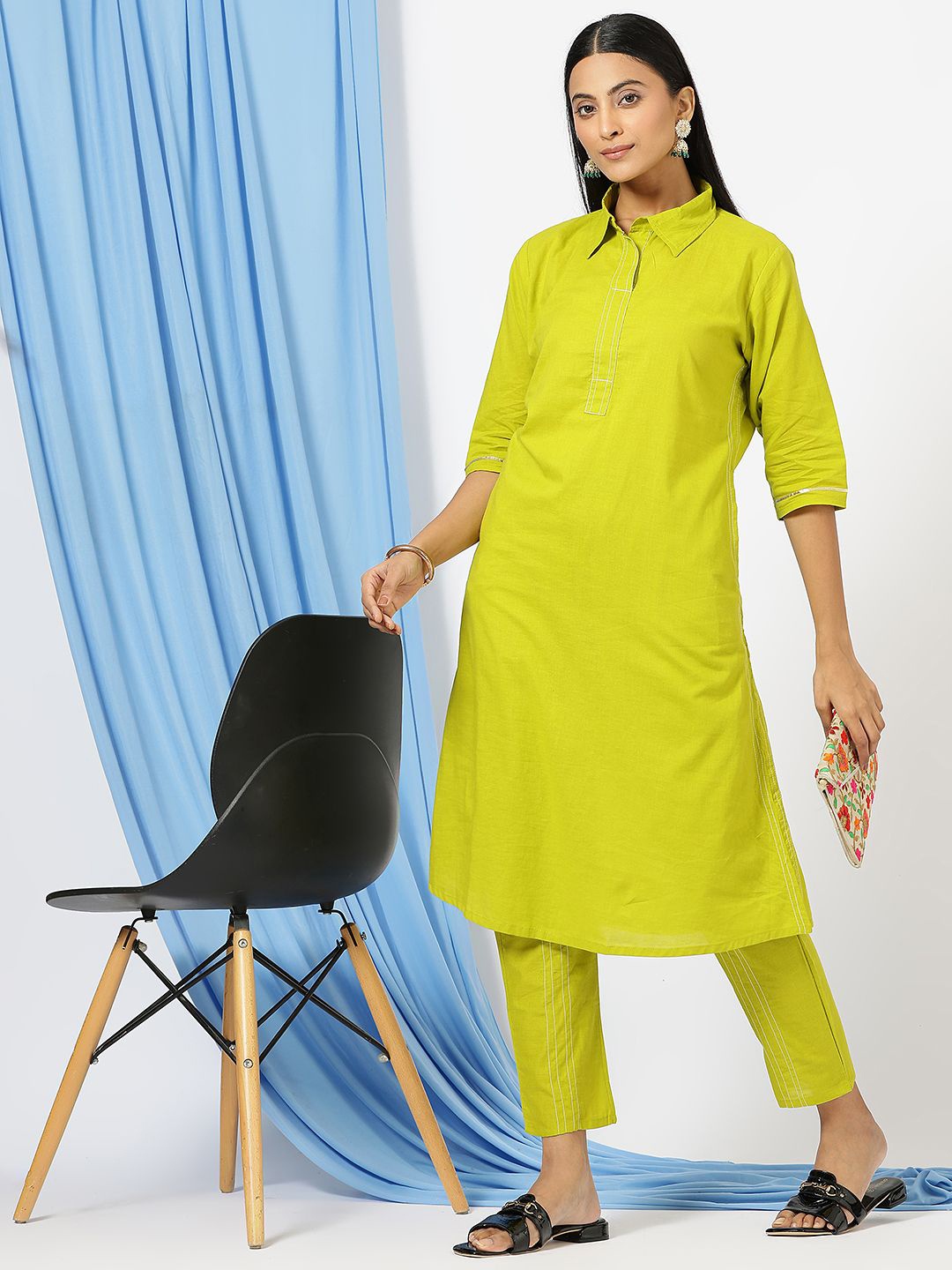 

Anushil Shirt Collar Cotton Tunic With Trousers, Green