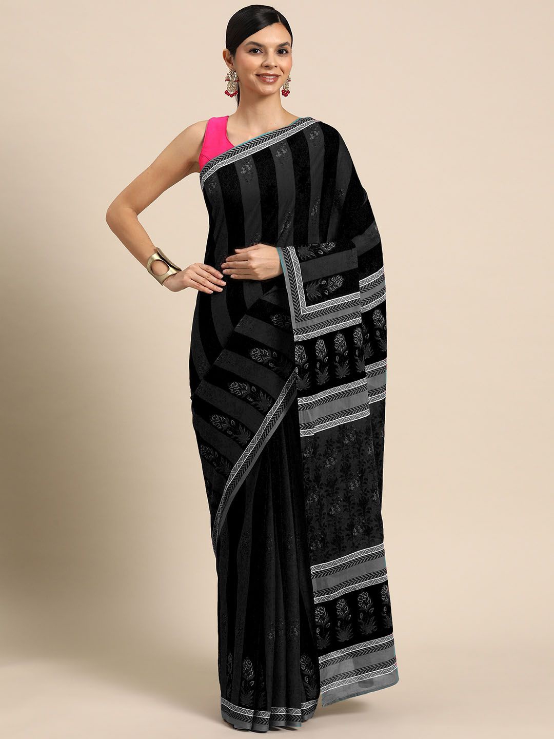

BUTA BUTI Floral Pure Cotton Saree, Black