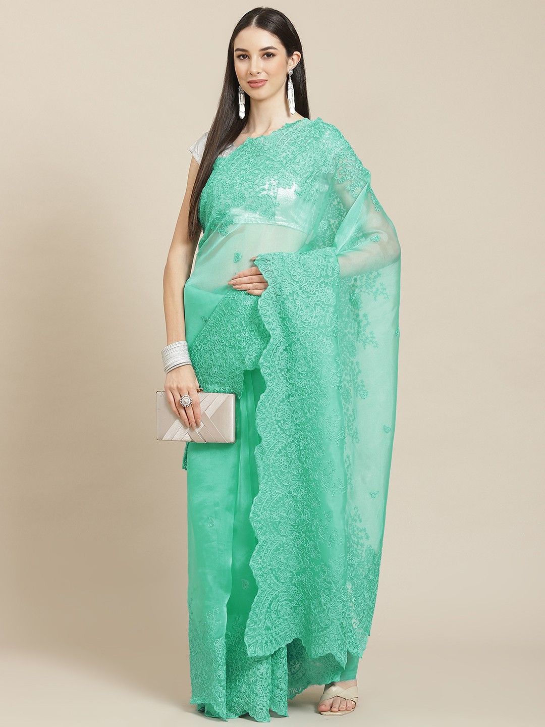 

Anouk Floral Embroidered Organza Saree, Teal