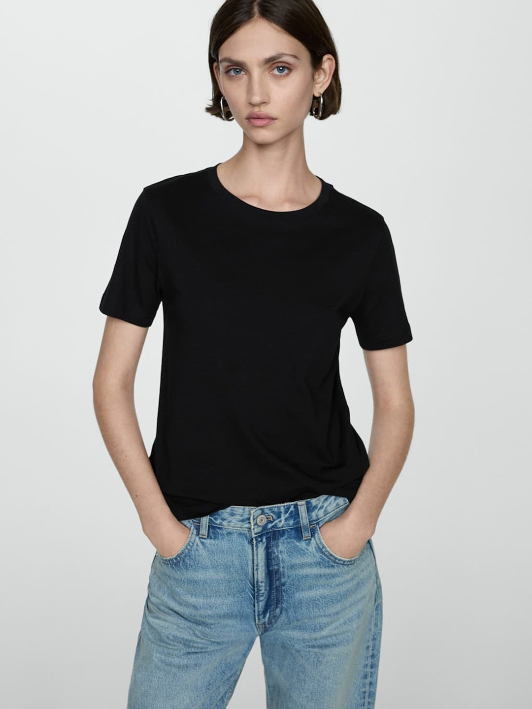 

MANGO Women Pure Cotton T-shirt, Black