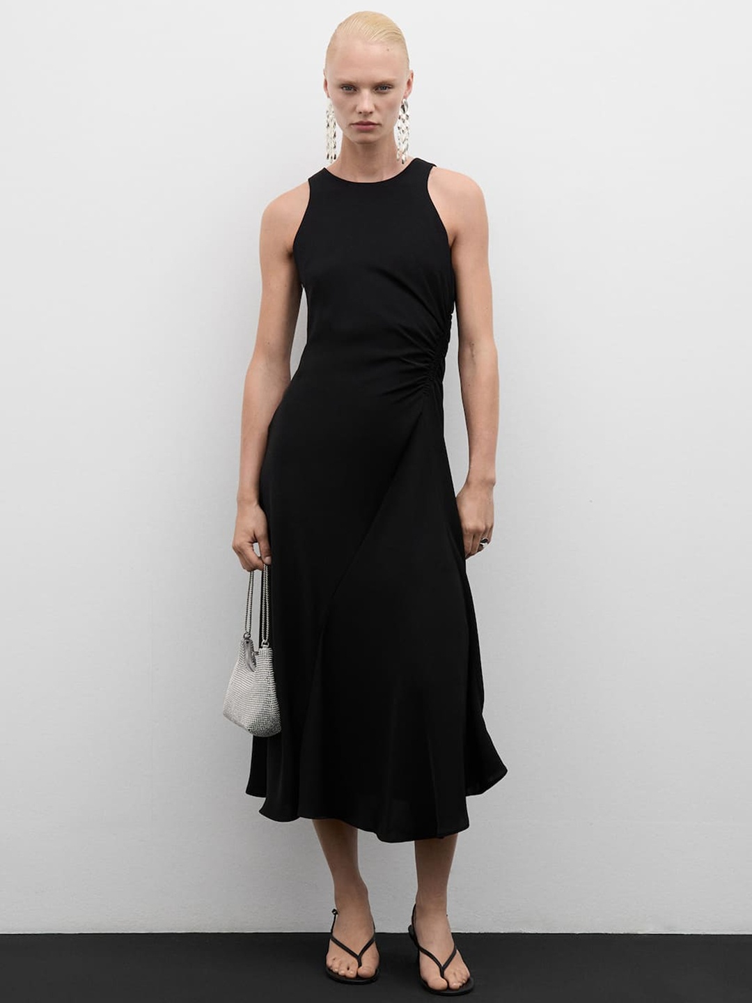 

MANGO Ruched Sleeveless Sheath Midi Dress, Black