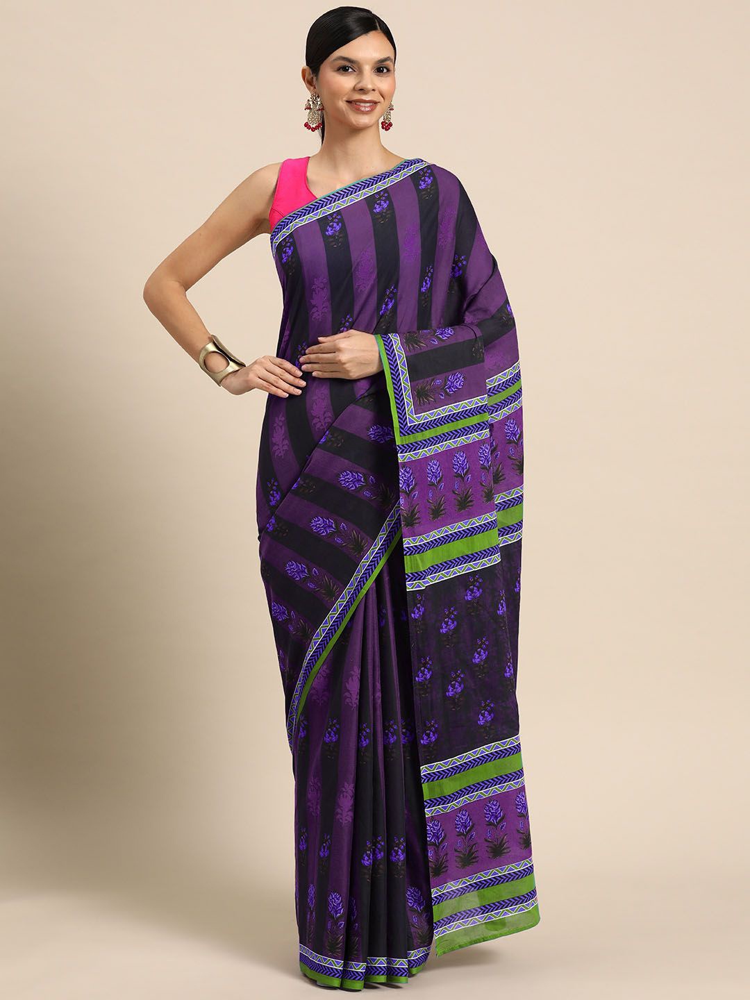 

BUTA BUTI Floral Pure Cotton Saree, Purple