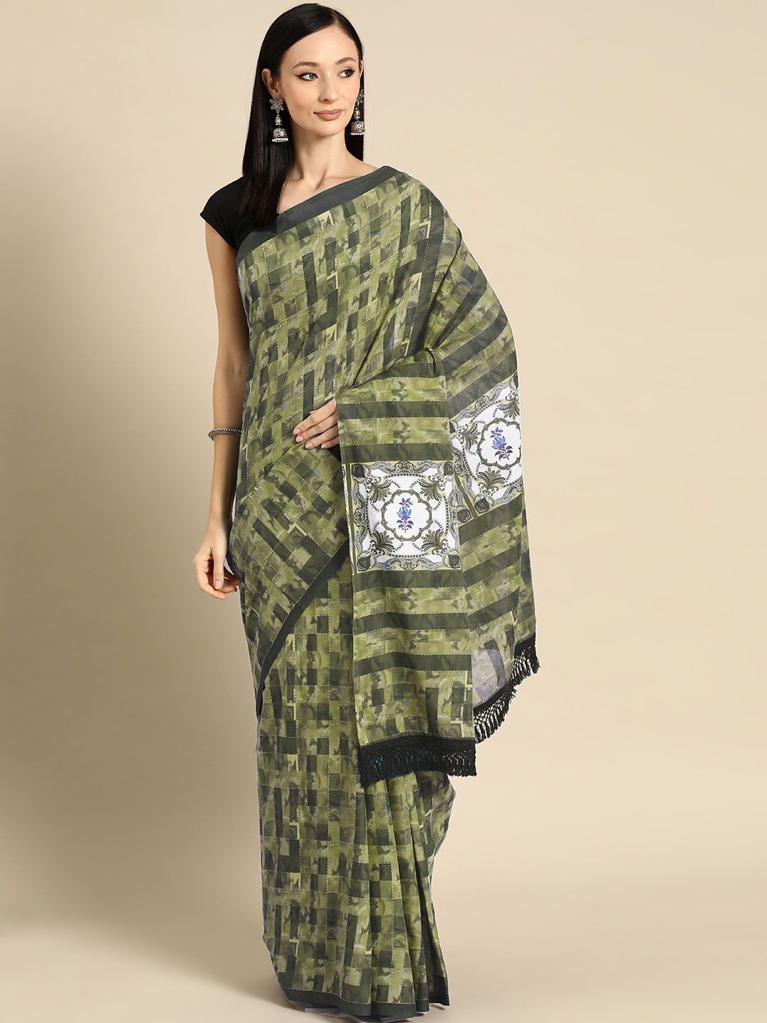 

BUTA BUTI Pure Cotton Saree, Olive