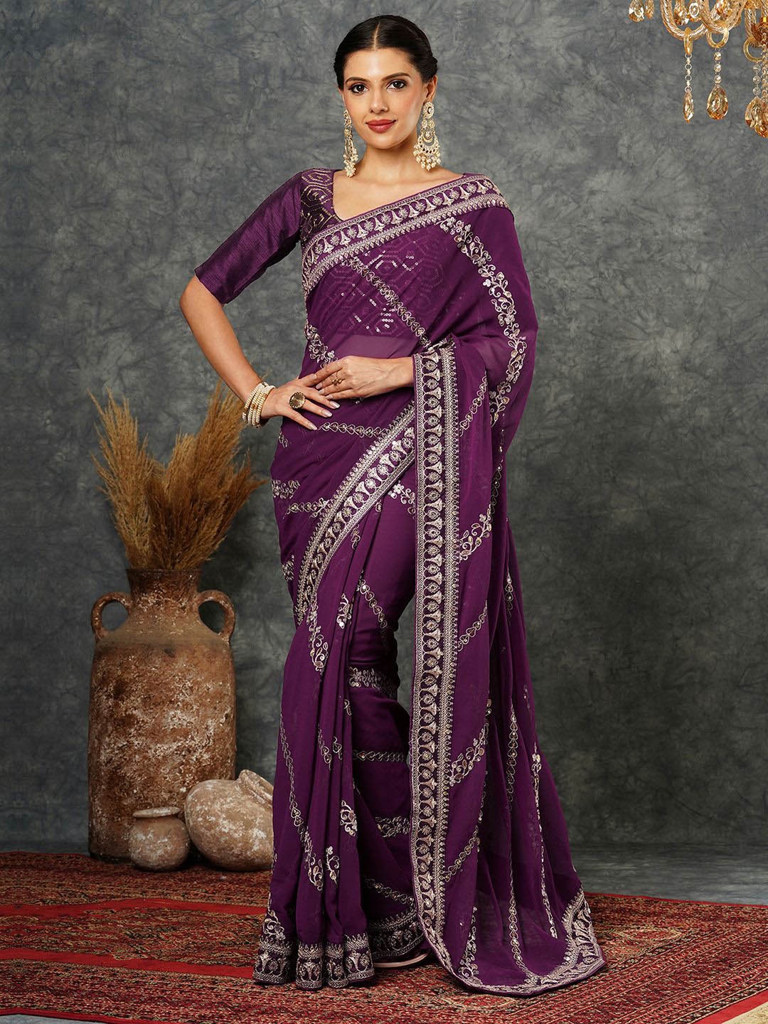 

Satrani Embellished Embroidered Pure Georgette Saree, Purple