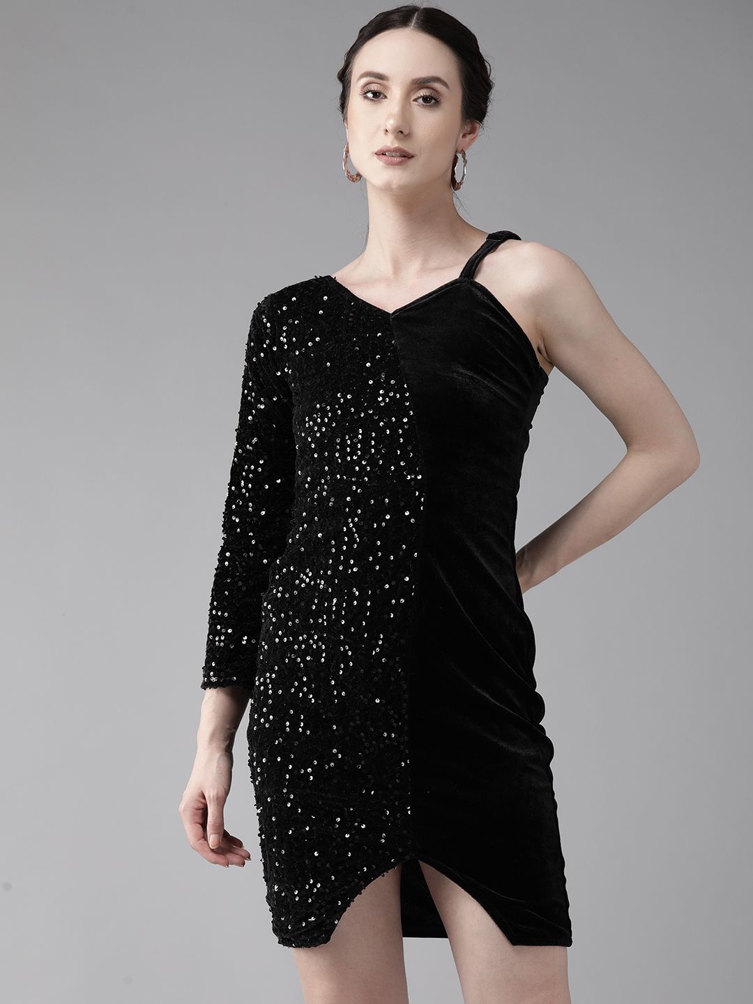 

BAESD One Shoulder Sequinned Velvet Sheath Dress, Black