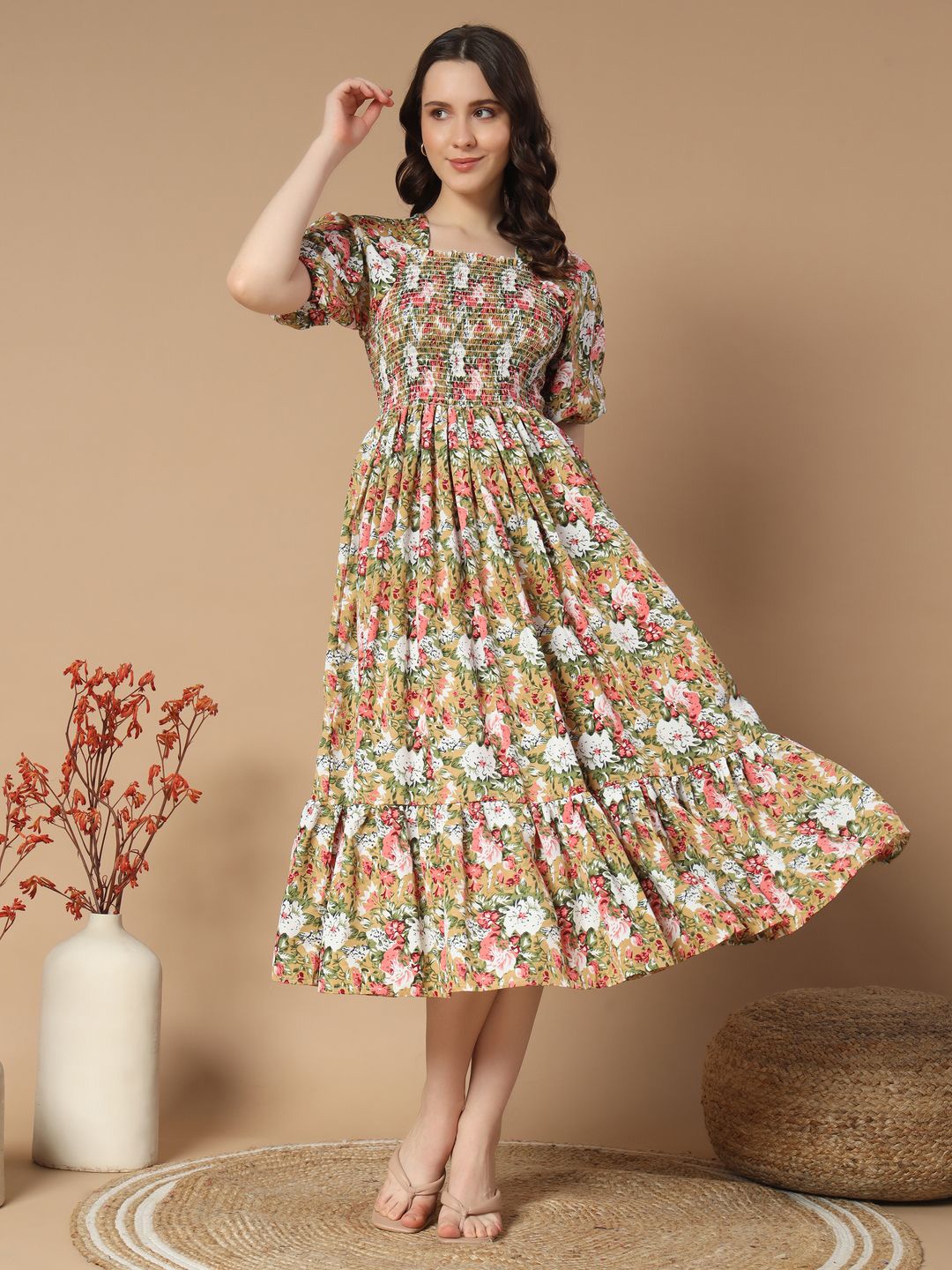 

ZWERLON Floral Print Puff Sleeve Formal A-Line Midi Dress, Beige