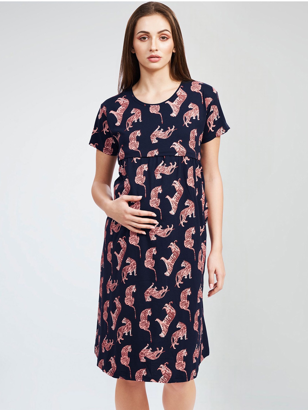 

PASTEL CLIP Tiger Printed Pure Cotton Maternity T-Shirt Nightdress, Navy blue