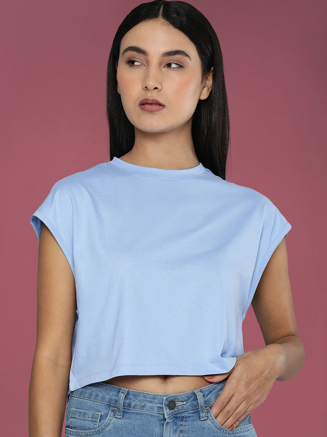 

DressBerry Women Solid Round Neck Cotton Boxy T-shirt, Blue