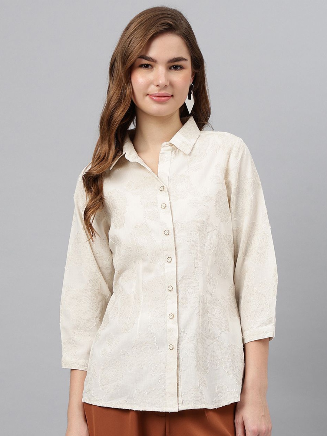 

Latin Quarters Women Solid Shirt Collar Top, Beige