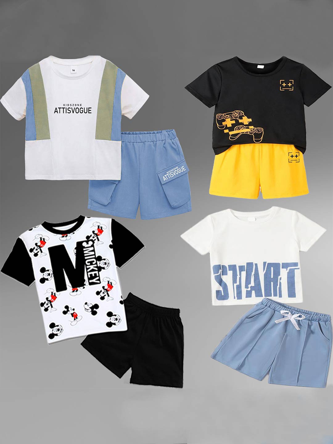 

BAESD Unisex Kids Pack of 4 Printed Short Sleeves Top With Shorts, White