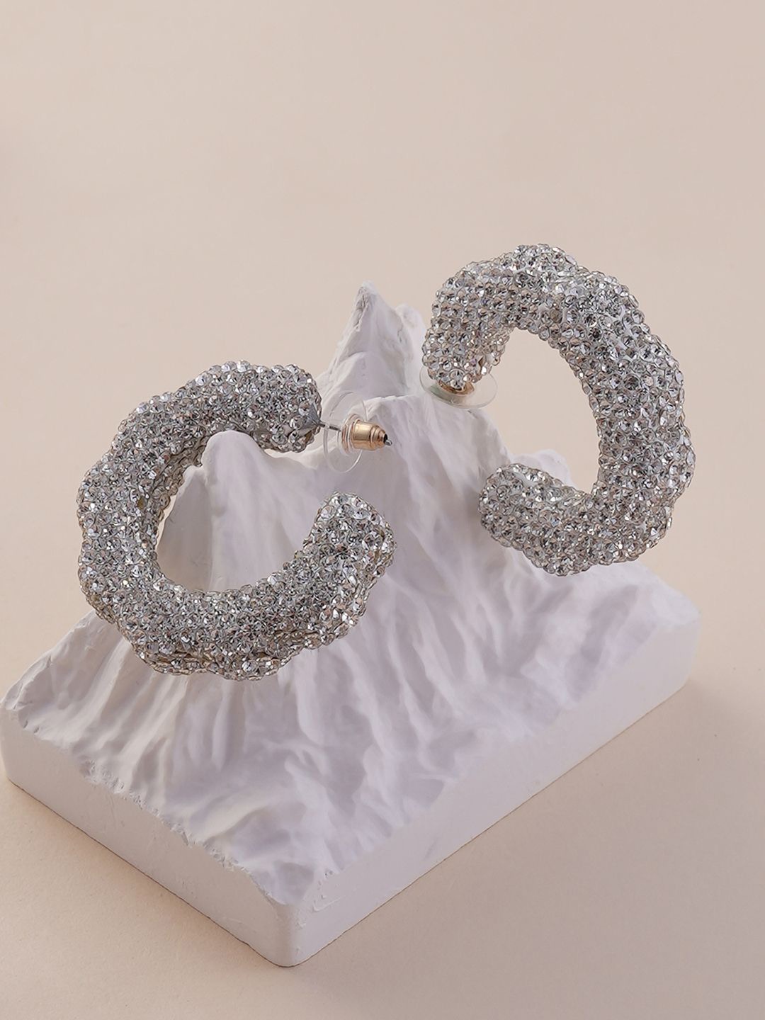 

SOHI Jingle Crystal Studded Contemporary Half Hoop Earrings, Silver