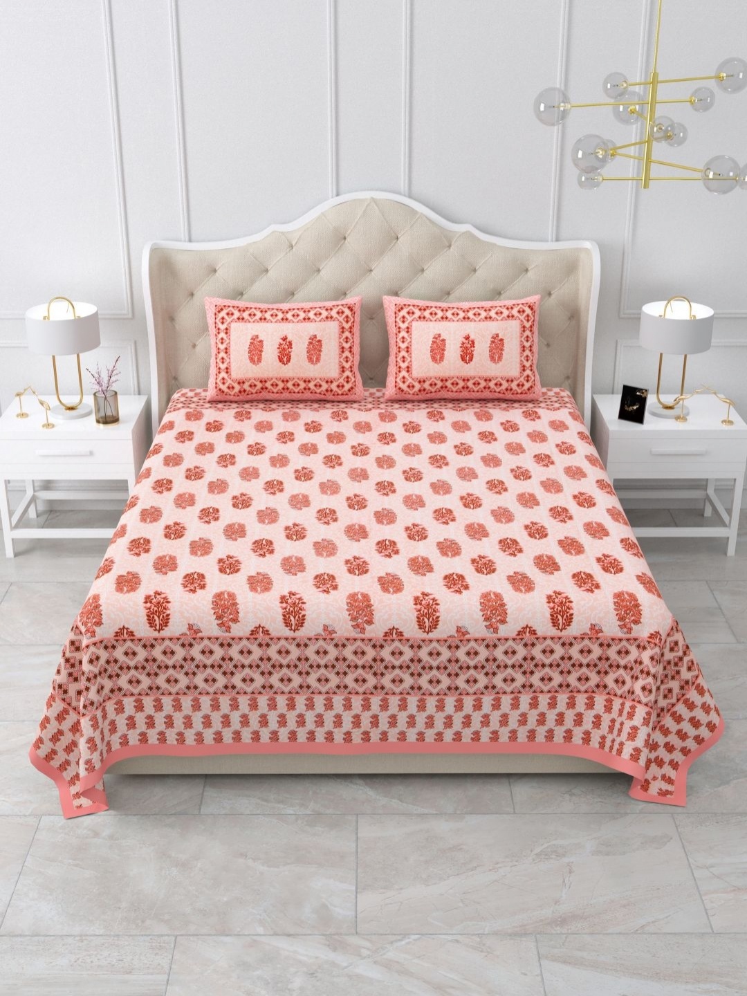 

Qfab Pink & Orange Ethnic Motifs Printed 144 TC Cotton Queen Bedsheet With 2 Pillow Covers